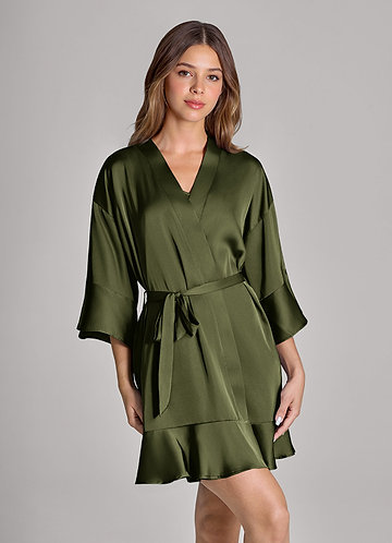 front Olive Ruffled Satin Robe