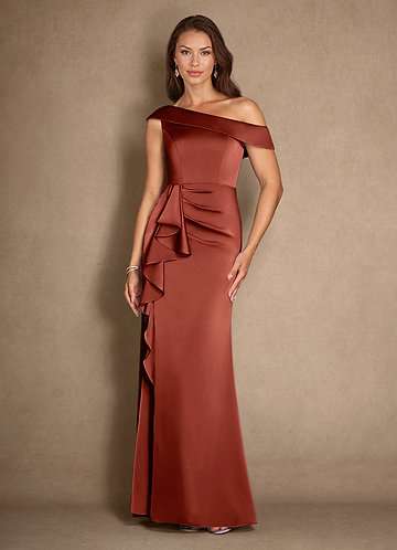 Azazie Hamptons Mother of the Brides Dresses Terracotta A-Line Pleated Stretch Satin Dress image1