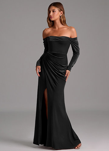 Azazie Hallie Bridesmaid Dresses Black Mermaid Long Sleeve Velvet Convertible Dress image1