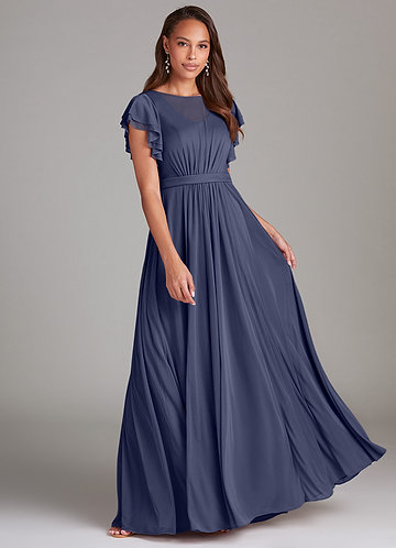 Azazie Daphne Modest Bridesmaid Dresses A-Line Ruched Mesh Floor-Length Dress image1