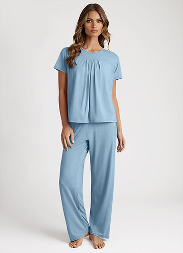 front Bleu Ciel Bamboo Fiber Pleated T-Shirt and Pants Pajama Set
