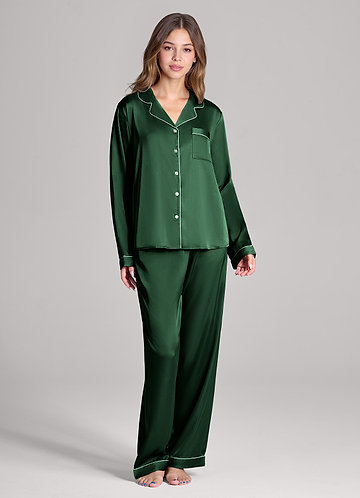 front Matching Color Long Sleeves and Pants Satin PJ Set