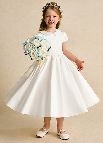 Azazie Deary Flower Girl Dresses Ivory Steel Blue A-Line Bow Cotton Dress image1 0