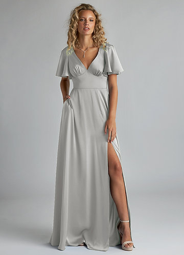 Kimber Bridesmaid Dresses Silver A-Line Ruched Stretch Satin Dress image1