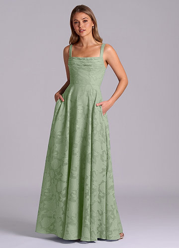 Azazie Shaude Bridesmaid Dresses Dusty Sage A-Line Pleated Floral Burnout Dress image1