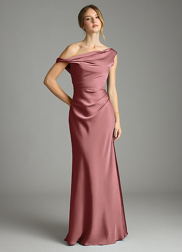 Azazie Emerson Bridesmaid Dresses Vestido Ametista de Cetim elástico de sereia com Fora do ombro image1