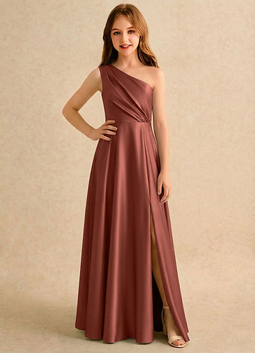 Azazie Puddles Girls Formal Klänningar för brudeflicka Klä A-Line i Stretch Satin Ena axeln image1