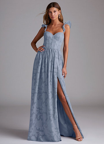 Azazie Denisse Bridesmaid Dresses Dusty Blue A-Line Ruched Floral Burnout Dress image1