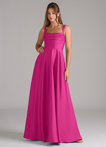 Azazie Shaude Robes Demoiselle d'honneur Robe Trapèze en Satin extensible Plissée Fuchsia image1