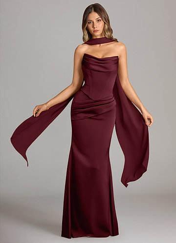 Azazie Sorrel Vestidos Dama de Honor Vestido de Cabernet de Satén Elástico de Corte Sirena Convertible con Sin tirantes image1