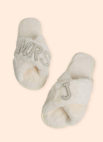 front Fuzzy Pearl Bride Slippers