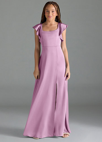 Azazie Bondi Junior Vestido Glicínia de Cetim elástico de Linha A com Fenda Lateral image1