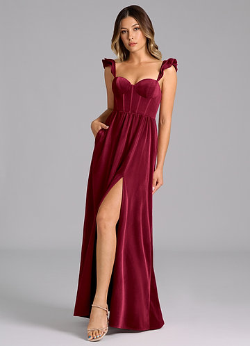 Azazie Denisse Robes Demoiselle d'honneur Robe Trapèze en velours Rayé Bourgogne image1