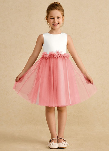 Azazie Louisa Robes de Fillette d'Honneur Robe Trapèze en Tulle Sans manches Ivoire Corail image1