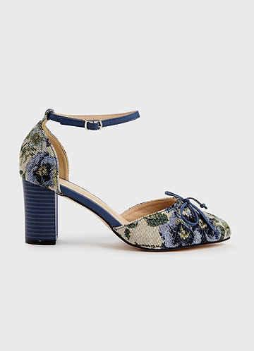 front Floral Tapestry Ankle Strap Block Heels