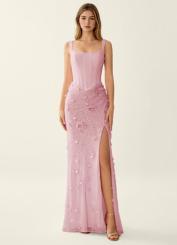 Belinda Rosa Meerjungfrauen-Abendkleid mit 3D-Blumen-Korsett und Schnürung am Rücken front