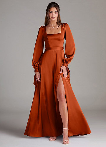 Azazie Leonia Bridesmaid Dresses Paprika A-Line Long Sleeve Stretch Satin Dress image1