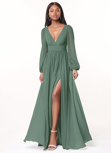 Azazie Norah Bridesmaid Dresses Eucalyptus A-Line V-Neck Long Sleeve Chiffon Dress image1