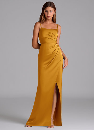 Azazie Calandra Brudtärneklänningar Klä av A-Linje i Stretch Satin Plisserad Knäck image1