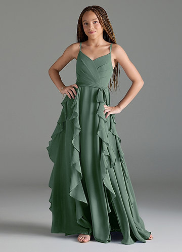 Azazie Peyton Junior Eucalyptus A-Line V-Neck Cascading Ruffles Chiffon Dress image1