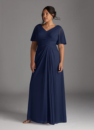 Azazie Emmeline Mother of the Brides Dresses Dark Navy A-Line V-Neck Pleated Mesh Dress image1