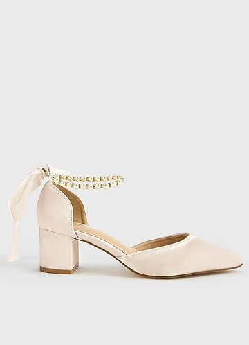 front Matching Color Matte Satin Pearl and Bow Pointed Toe Block Heels