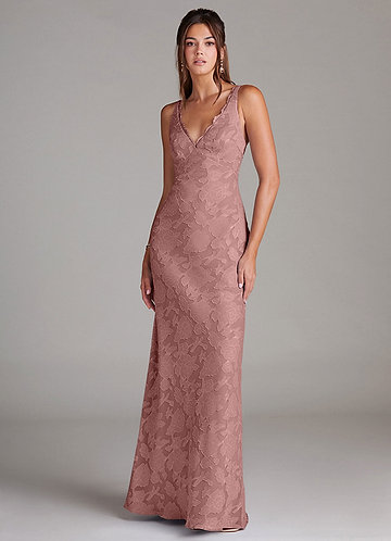 Azazie Tianna Bridesmaid Dresses Dusty Rose Sheath Lace Floral Burnout Dress image1