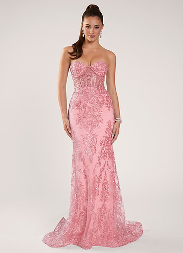 Zeoga Pink Sequins Beading Mesh Prom Dress image1