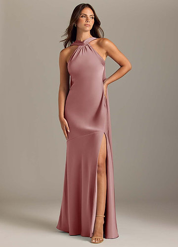 Azazie Kinsley Vestidos Dama de Honor Vestido de Rosa Polvorienta de Satén Elástico de Corte Sirena con Corte Lateral image1