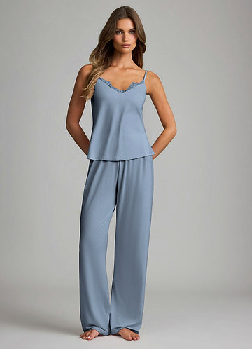 front Dusty Blue Soft Rayon Lace Trim Cami & Wide-Leg Pants Pajama Set