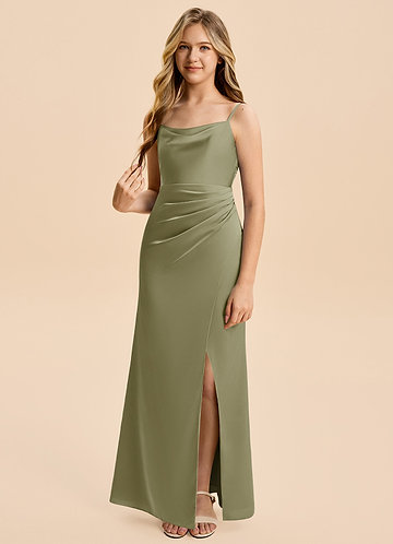 Azazie Christen Junior Pistachio A-Line Pleated Stretch Satin Dress image1