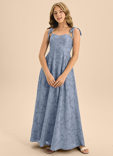 Azazie Rosey Junior Vestido de Azul Polvoriento de Devorado Floral de Corte En A con Escote de Corazón image1
