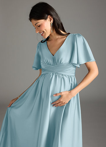 Azazie Verna Vestidos de dama de honor de maternidad Vestido de Corte en A Volante Hasta el suelo Satén Elástico image1
