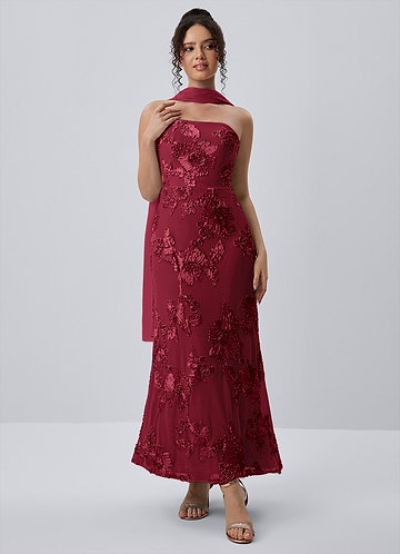 Esperanza Bourgondië Stretch maxi-jurk met 3D-bloemen en kant image1