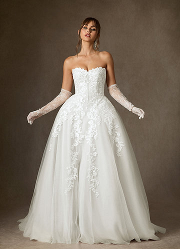 navy blue dress for baby girl DB Studio Strapless Lace and Tulle Corset Wedding Dress in Soft White | Size: 2