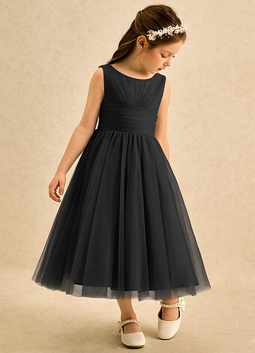 Azazie Princess Vestido de Negro de Satin Mate de Corte en A con Plisado |  Azazie