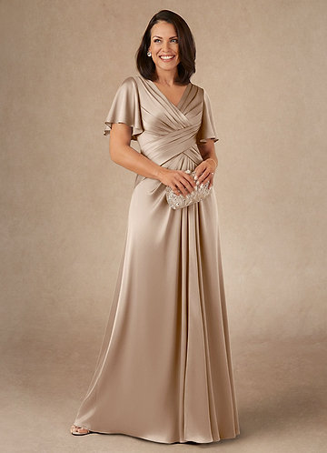 Azazie Emmeline Mother of the Brides Dresses Taupe A-Line Pleated Stretch Satin Dress image1