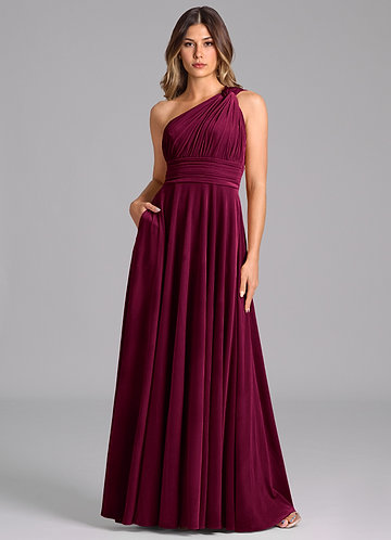 Azazie Charlize Bridesmaid Dresses Cabernet A-Line One Shoulder Velvet Dress image1