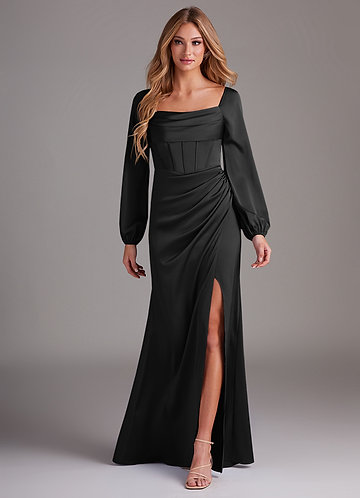 black long sleeve bridesmaid dresses Deep V Neck Wholesale With Side Split the fabric drapes beautifully and flows effortlessly Black Metallic, Black Satin Bridesmaid