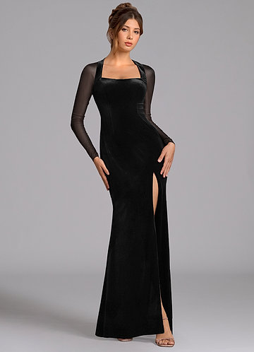 Azazie Megan Bridesmaid Dresses Black Mermaid Long Sleeve Mesh Dress image1