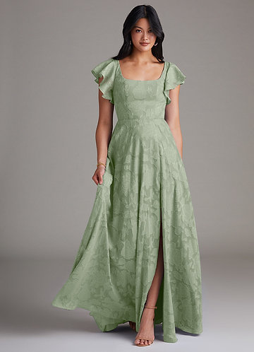 Azazie Bondi Bridesmaid Dresses Dusty Sage A-Line Side Slit Floral Burnout Dress image1