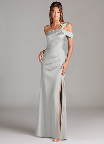 Azazie Wynter Vestidos Dama de Honor Vestido de Plata de Satén Elástico de Corte Recto con Hombro unilateral image1