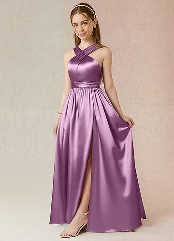 Azazie Jiya Junior Wisteria A-Line Pleated Metallic Satin Dress image1