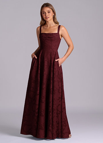 Azazie Shaude Bridesmaid Dresses Cabernet A-Line Pleated Floral Burnout Dress image1