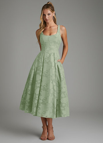tea length green bridesmaid dresses Dusty Sage blush wedding belt