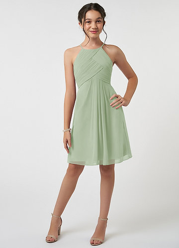 Azazie Ginny Junior Dusty Sage A-Line Pleated Chiffon Dress image1