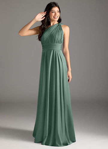 Azazie Charlize Bridesmaid Dresses Eucalyptus A-Line One Shoulder Stretch Satin Dress image1