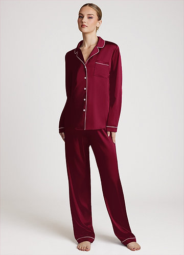 front Burgundy Long Sleeves and Pants Satin PJ Set