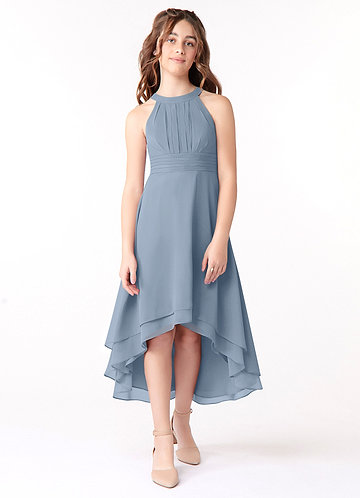 Azazie Linna Junior Vestido de Azul Polvoriento de Gasa de Corte En A con Plisado image1