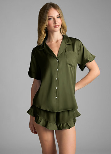 front Olive Ruffled Short Sleeve Pajama Set